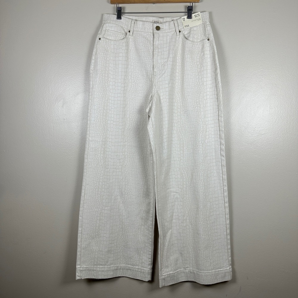 a.n.a Women's 12 Wide Leg Pants Ivory Croc Embossed High Rise 100% Cotton NEW